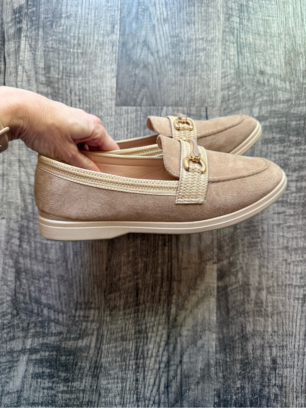 Classic Taupe Suede Loafers with Gold Bit Accent